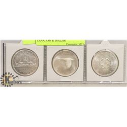1964/66/67 LOT OF 3 SILVER CANADIAN $1 DOLLAR COINS.