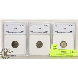 LOT OF 3 TEN CENT COINS - 1916, 1918, 1919.