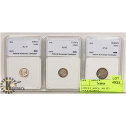 LOT OF 3 COINS - 1910 TEN CENT, 1918 & 1919 FIVE CENTS.
