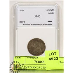 1929 CANADIAN 25 CENT COIN, GRADED XF-40.