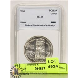 1958 CANADIAN SILVER DOLLAR COIN, GRADED MS-65.