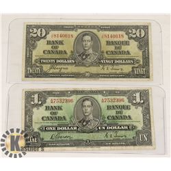 1937 CANADIAN $20 AND $1 BANK NOTES.
