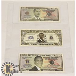 LOT OF 3 COLLECTIBLE USA PRESIDENT OBAMA FANTASY BANKNOTES.