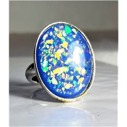 2)  SILVER TONE BLUE MOSAIC FIRE OPAL RING, LARGE OVAL SIZE 8.