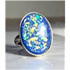 Image 1 : 2)  SILVER TONE BLUE MOSAIC FIRE OPAL RING, LARGE OVAL SIZE 8.