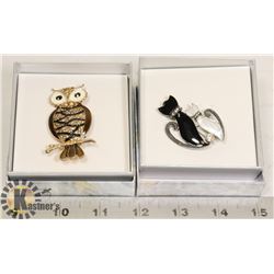 PAIR OF CRYSTAL BROACHES - ONE OWL & ONE CAT.