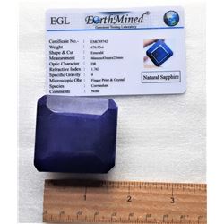 17)  NATURAL EMERALD CUT 476.95 CT BLUE SAPPHIRE AND COA.