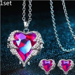 NEW ANGEL WING AND HEART PINK NECKLACE AND EARRING