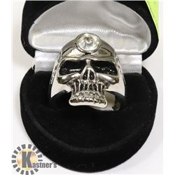 SILVER TONED SKULL RING WITH RHINESTONE SZ 13