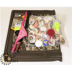 LOT OF PET ACCESSORIES AND A BAG OF POGS.