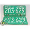 Image 1 : LOT OF TWO 1965 SASKATCHEWAN LICENSE PLATES.