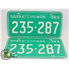 Image 1 : LOT OF TWO 1969 SASKATCHEWAN LICENSE PLATES.