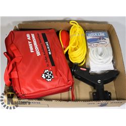 MARINE FIRST AID KIT, DOCK-LINE ROPE, FISHING ROD