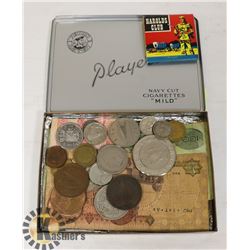 COLLECTION OF OLD COIN / BILLS IN CIGARETTE TIN