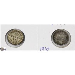 NEWFOUNDLAND 1941, 1942 SILVER DIMES.
