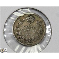 1911 CANADIAN SILVER 5 CENT PIECE.