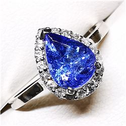 81) 14K WHITE GOLD TANZANITE & DIAMOND HALO RING,
