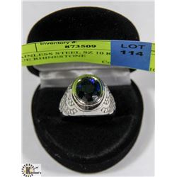 STAINLESS STEEL SZ 10 RING WITH BLUE RHINESTONE
