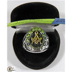 SILVER TONED FREE MASONS SZ 11 RING WITH BLACK