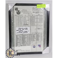 EDMONTON OILERS 1986 STAT "MEDIA" GAME SHEET,