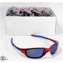 BOX OF RED AND BLUE OAKLEY STYLED SUNGLASSES