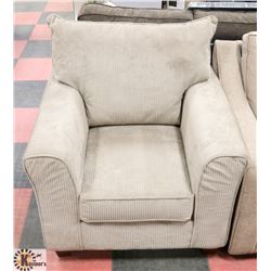 37" CORDUROY FABRIC TAN COLORED ARM CHAIR.