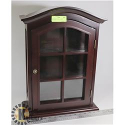 SMALL RED WOOD CURIO CABINET, 15"X6"X20.5".