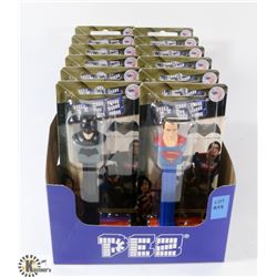 CASE OF 12 BATMAN/SUPERMAN PEZ DISPENSERS WITH PEZ