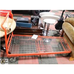 ORANGE CART ON CASTORS, 5FT LONG 34 INCH WIDE,