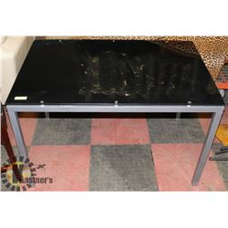 COMPUTER TABLE WITH DARK GLASS AND GREY LEGS,