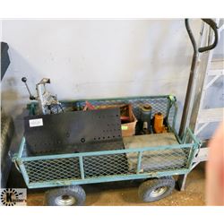 GREEN GARDEN WAGON WITH ASSORTED TOOLS