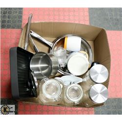BOX W/5 CANISTERS & LIDS, PANS & POT
