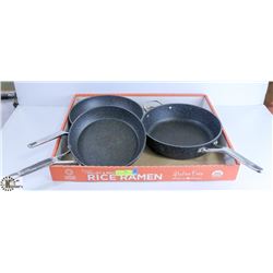 3 HERITAGE THE ROCK FRYING PANS, 12", 12" & 10".
