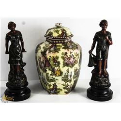 BOX OF VINTAGE JAR WITH 2 STATUES.