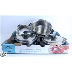 TRAY WITH STAINLESS STEEL POTS AND PANS