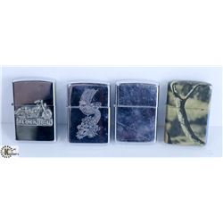 FOUR LIGHTERS 3 ZIPPOS, 1 BLOCKHEAD COLLECTIBLE.
