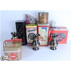 LOT OF TINS AND BRASS PITCHERS