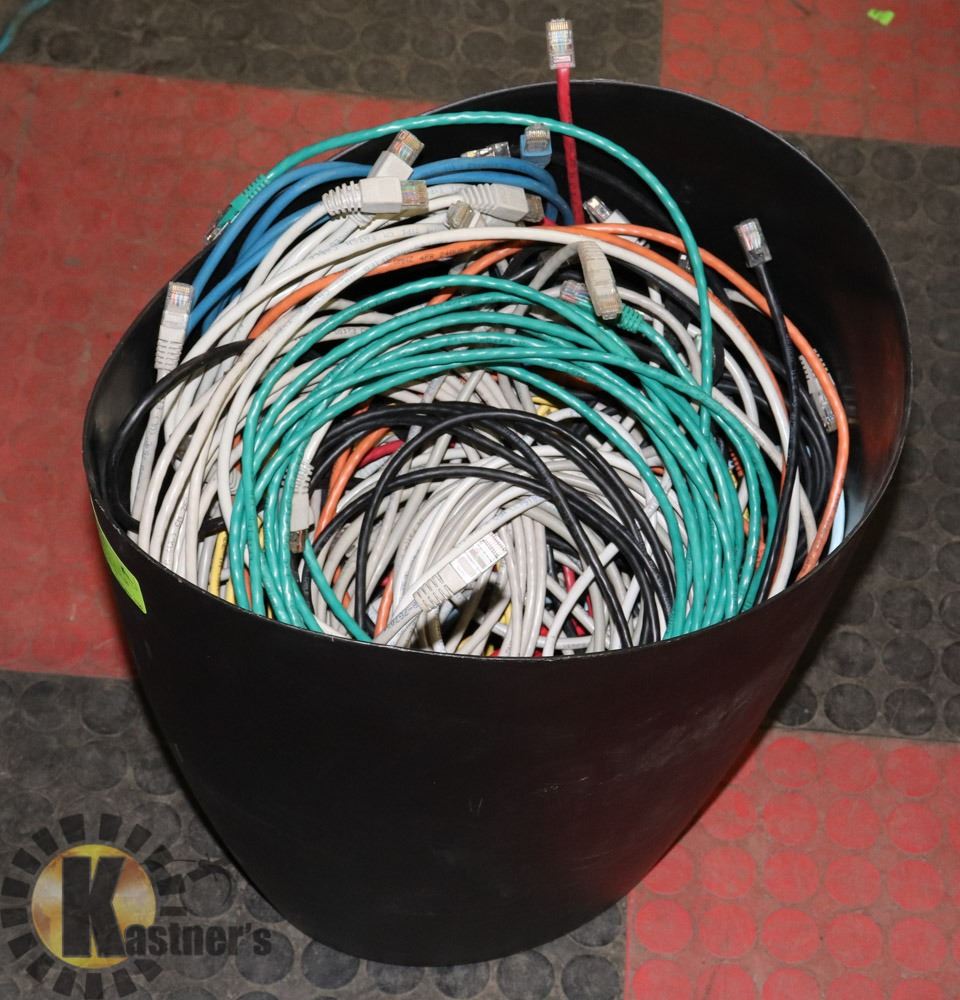 OFFICE GARBAGE CAN WITH 100 CAT5 COMPUTER CABLES