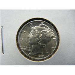 1937 Gem BU Mercury Dime Blast White