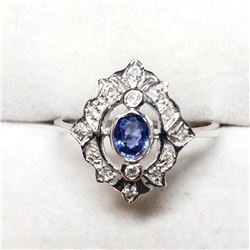 14K White Gold Blue Sapphire(0.33ct) Diamond(0.14ct) Ring (~Size 6) (~weight 2.46g), Made in Canada,