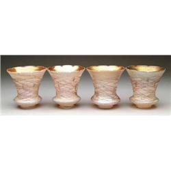 FOUR DECORATED QUEZAL ART GLASS SHADES