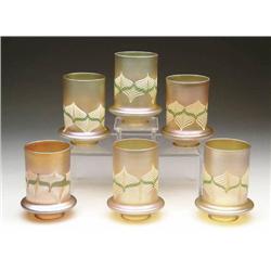SIX DECORATED QUEZAL ART GLASS SHADES