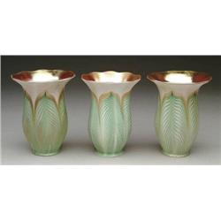 THREE QUEZAL DECORATED ART GLASS SHADES