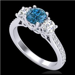 1.67 ctw Intense Blue Diamond Art Deco 3 Stone Ring 18K White Gold - REF-200V2Y - SKU:37810
