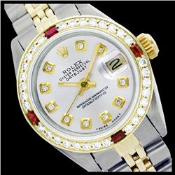 Rolex Ladies Two Tone 14K Gold/SS, Diam Dial & Diam/Ruby Bezel, Sapphire Crystal - REF-434X6Y