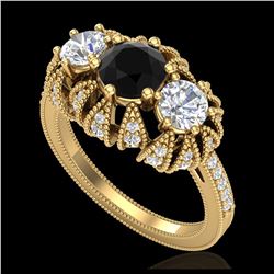 2.26 ctw Fancy Black Diamond Art Deco 3 Stone Ring 18K Yellow Gold - REF-218R2K - SKU:37746