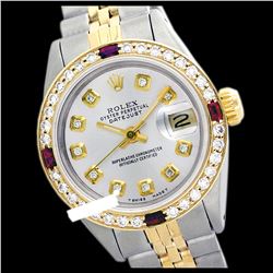 Rolex Ladies Two Tone 14K Gold/SS, Diam Dial & Diam/Ruby Bezel, Sapphire Crystal - REF-434H4W