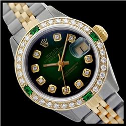 Rolex Ladies Two Tone 14K Gold/SS, Diam Dial & Diam/Emerald Bezel, Sapphire Crystal - REF-440F3M