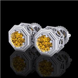 1.07 ctw Intense Fancy Yellow Diamond Art Deco Earrings 18K White Gold - REF-172W7H - SKU:37938