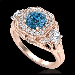 2.11 ctw Intense Blue Diamond Art Deco 3 Stone Ring 18K Rose Gold - REF-283H6M - SKU:38301